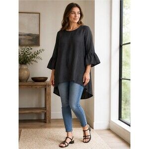 Crown Linen Designs Black 100% Linen High Low Tunic Blouse L Bella Bell Slevee